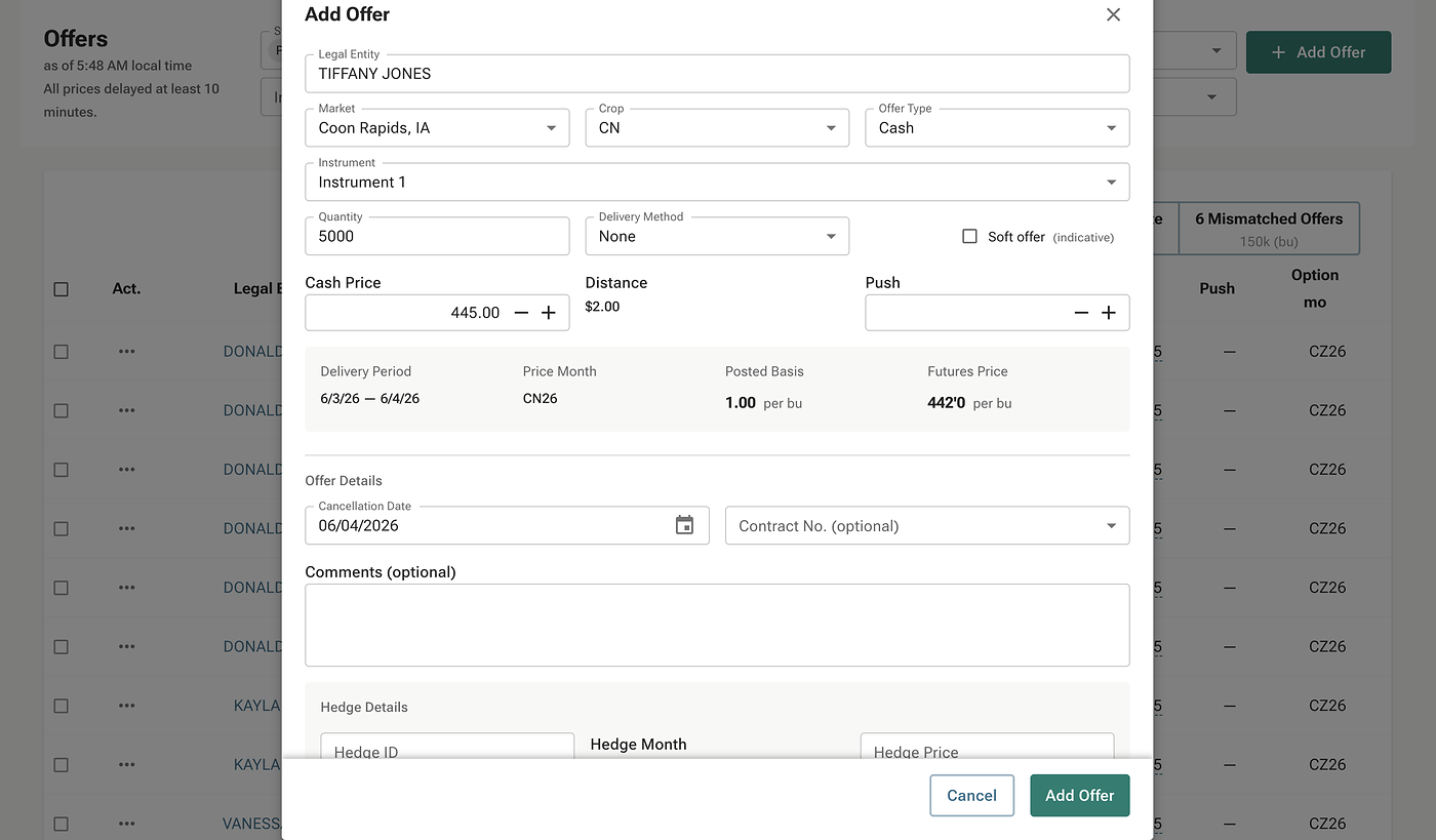 Gradable Buyer — bids board with location-specific bids pushed to growers and live incoming offers