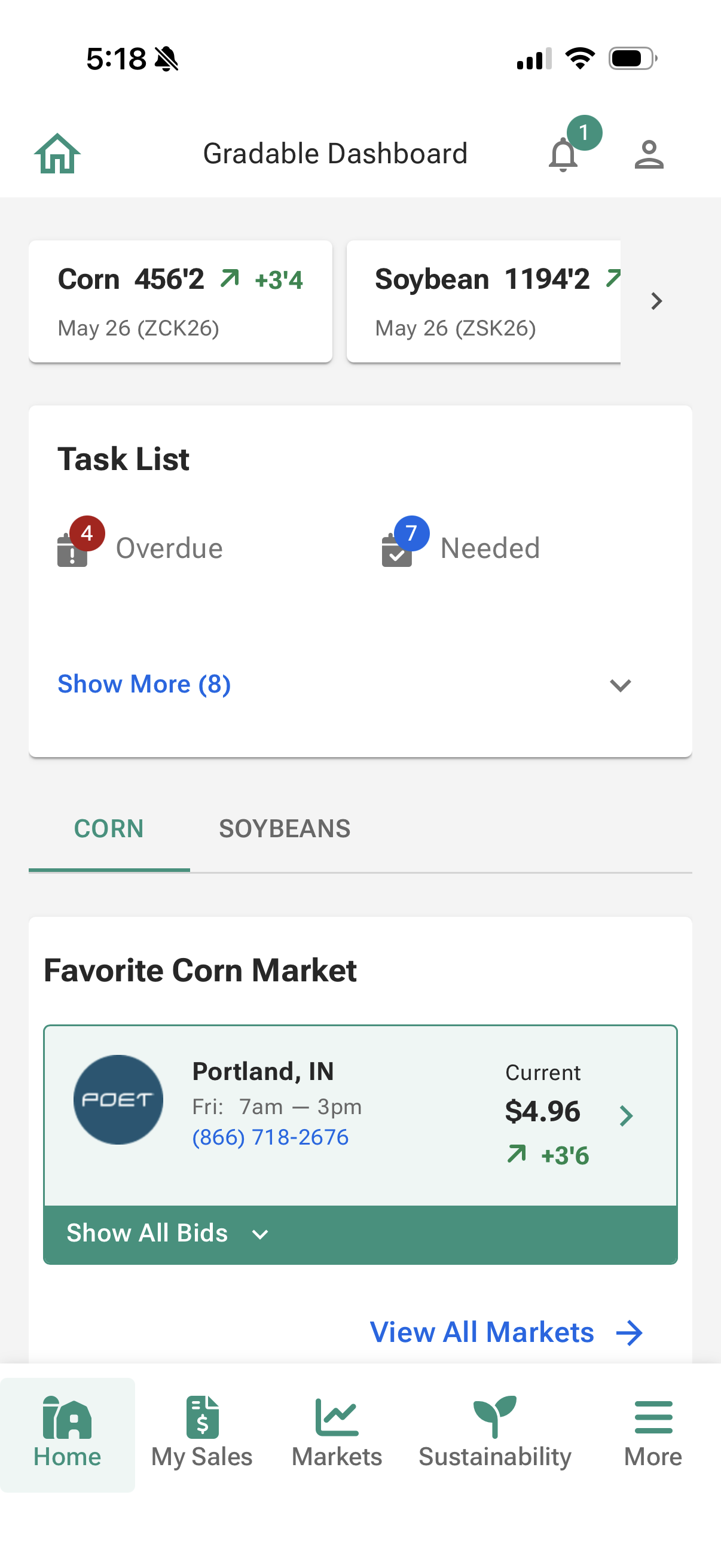 Gradable Farmer App home screen — corn and soybean futures, task list, and a favorite corn market showing a live bid from POET in Portland, IN
