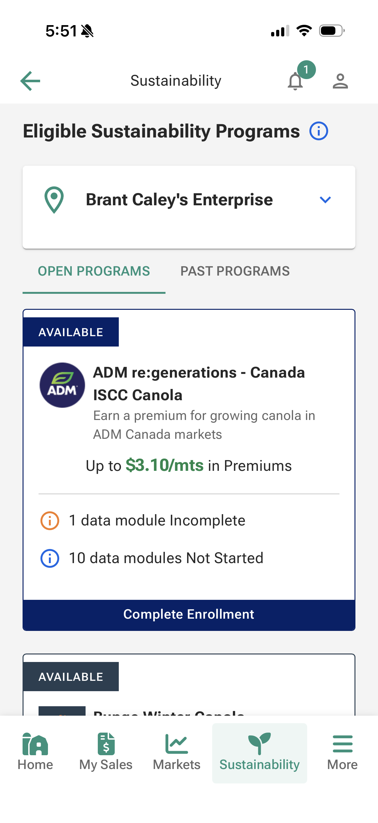 Gradable Farmer App Sustainability tab — Eligible Sustainability Programs for Brant Caley's Enterprise, showing the ADM re:generations Canada ISCC Canola program with up to $3.10/mts in premiums and an enrollment progress indicator
