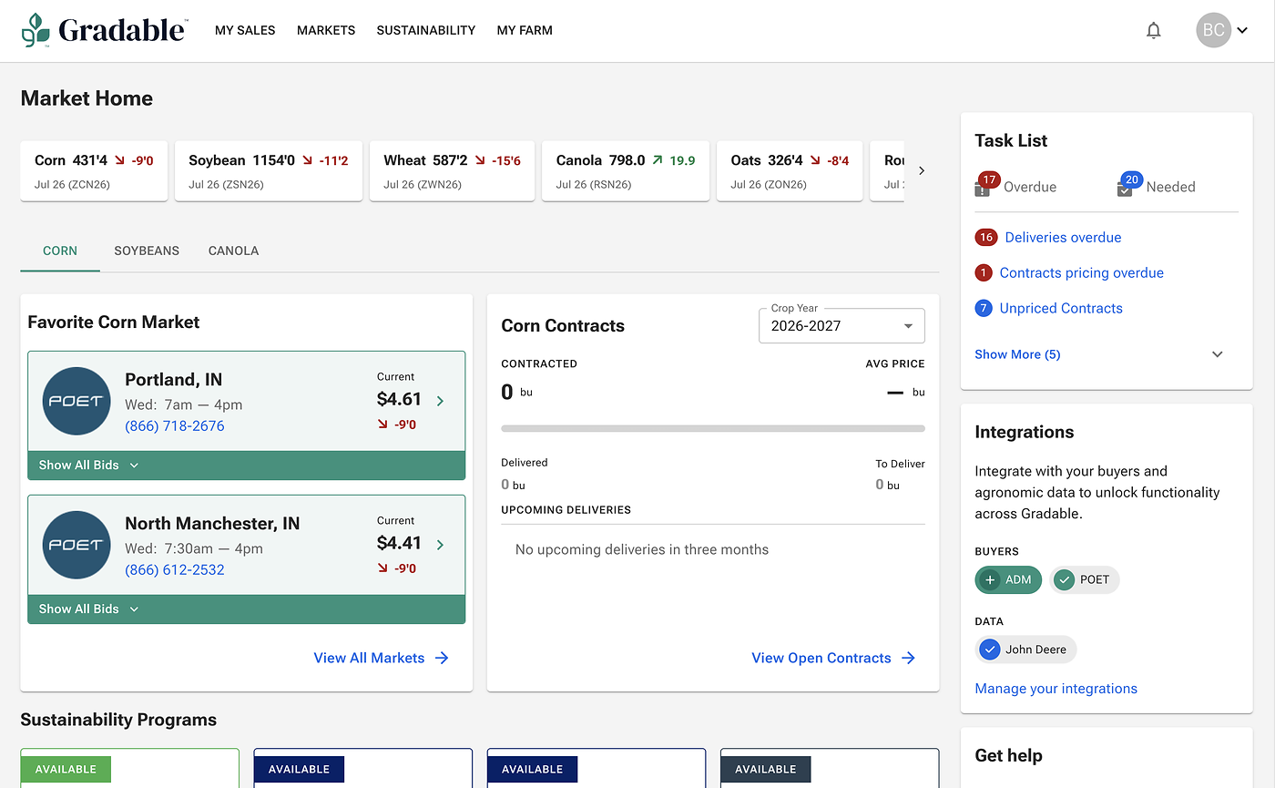 Gradable Buyer — market overview with grain prices, location bids, and active contracts.