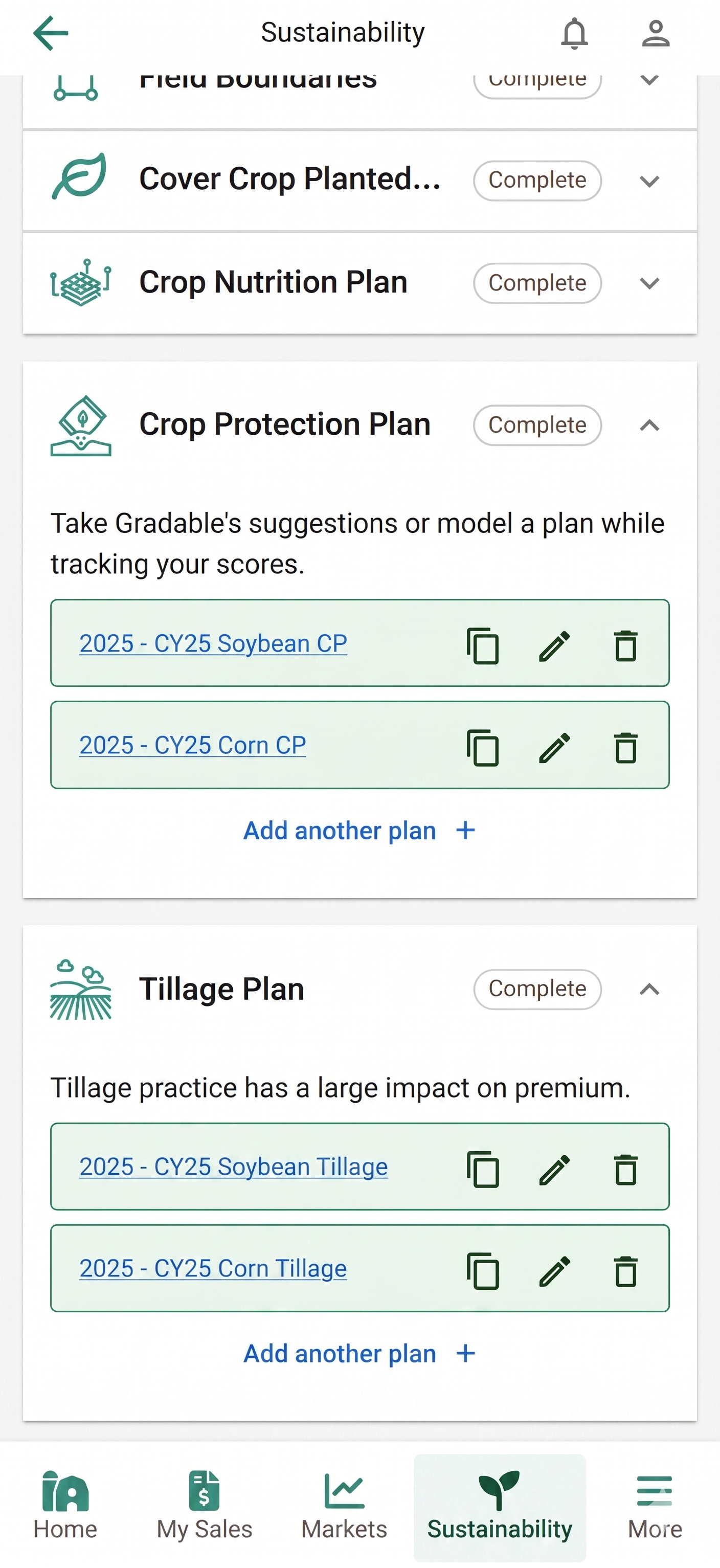 Gradable Farmer App — Sustainability tab with program enrollment, field-level CI scores, and program lead support