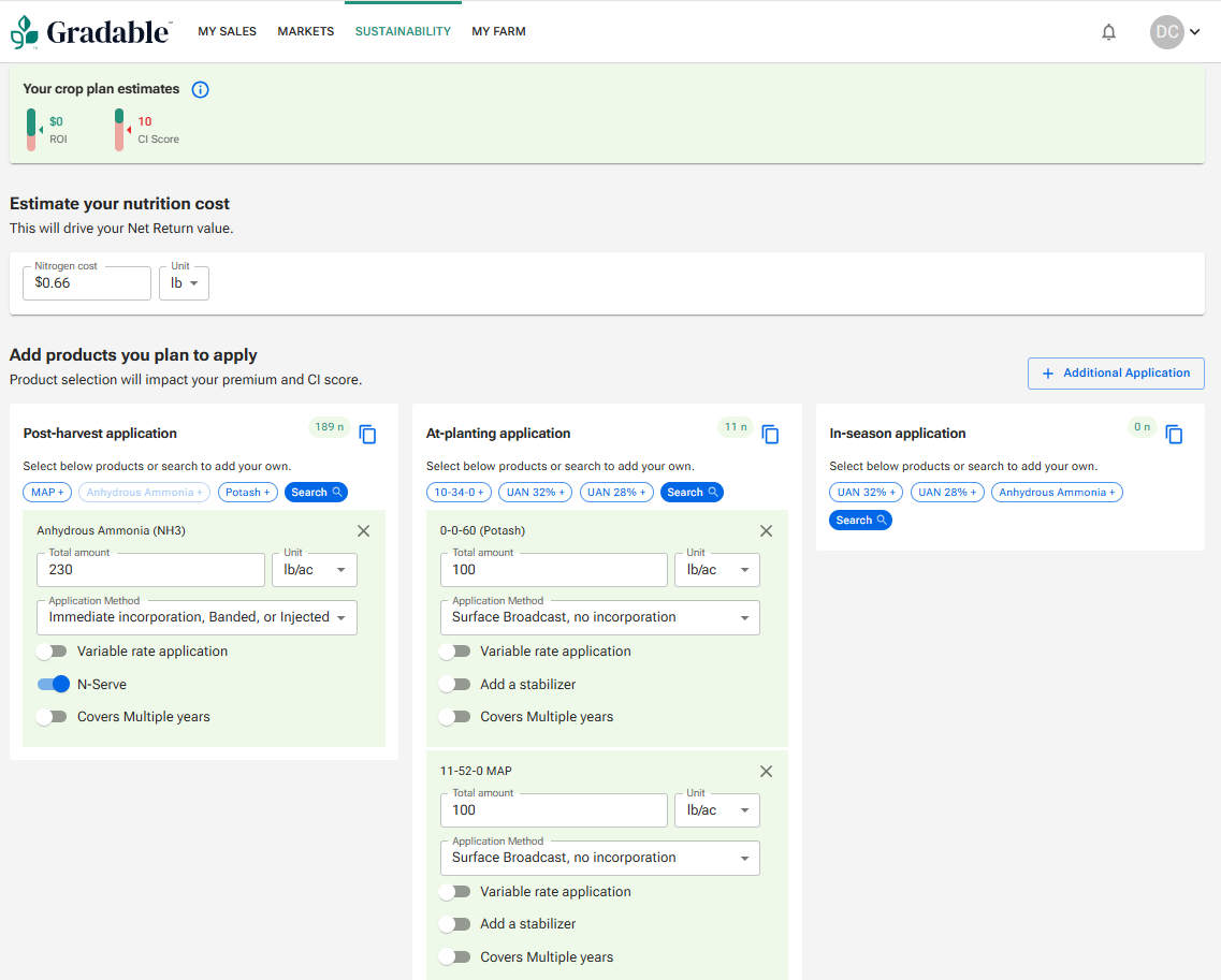 Gradable Sustainability platform — buyer-side MRV view with farm-level data, chain of custody, and audit-ready reporting